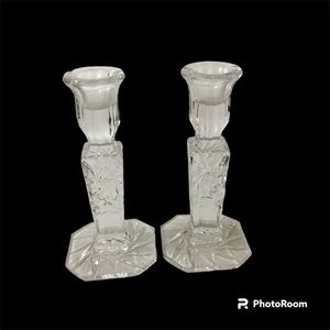 Vintage Pair Of Etched Crystal Star Of David Candlesticks